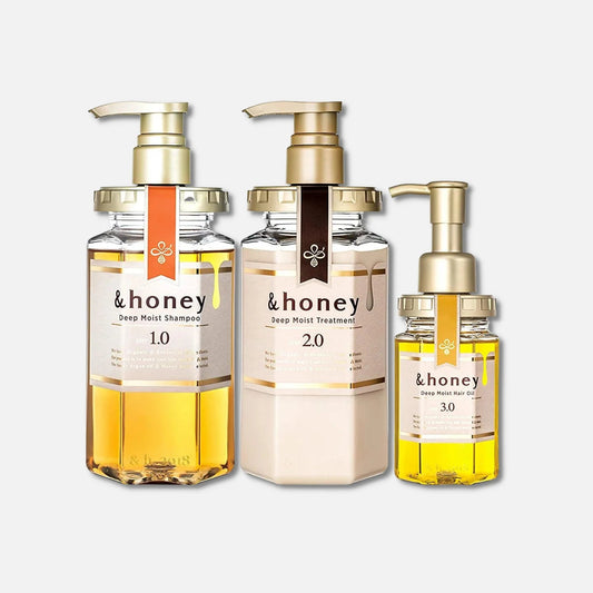 & Honey Deep Moist Shampoo, Treatment & Hair Oil Set 440ml Each + 100ml